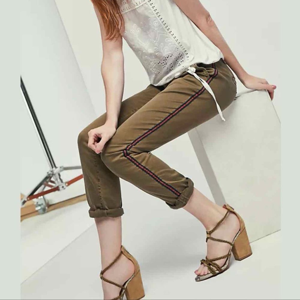 Anthropologie Chino Relaxed Fit Tuxedo Stripe Pattern Military Green Pants